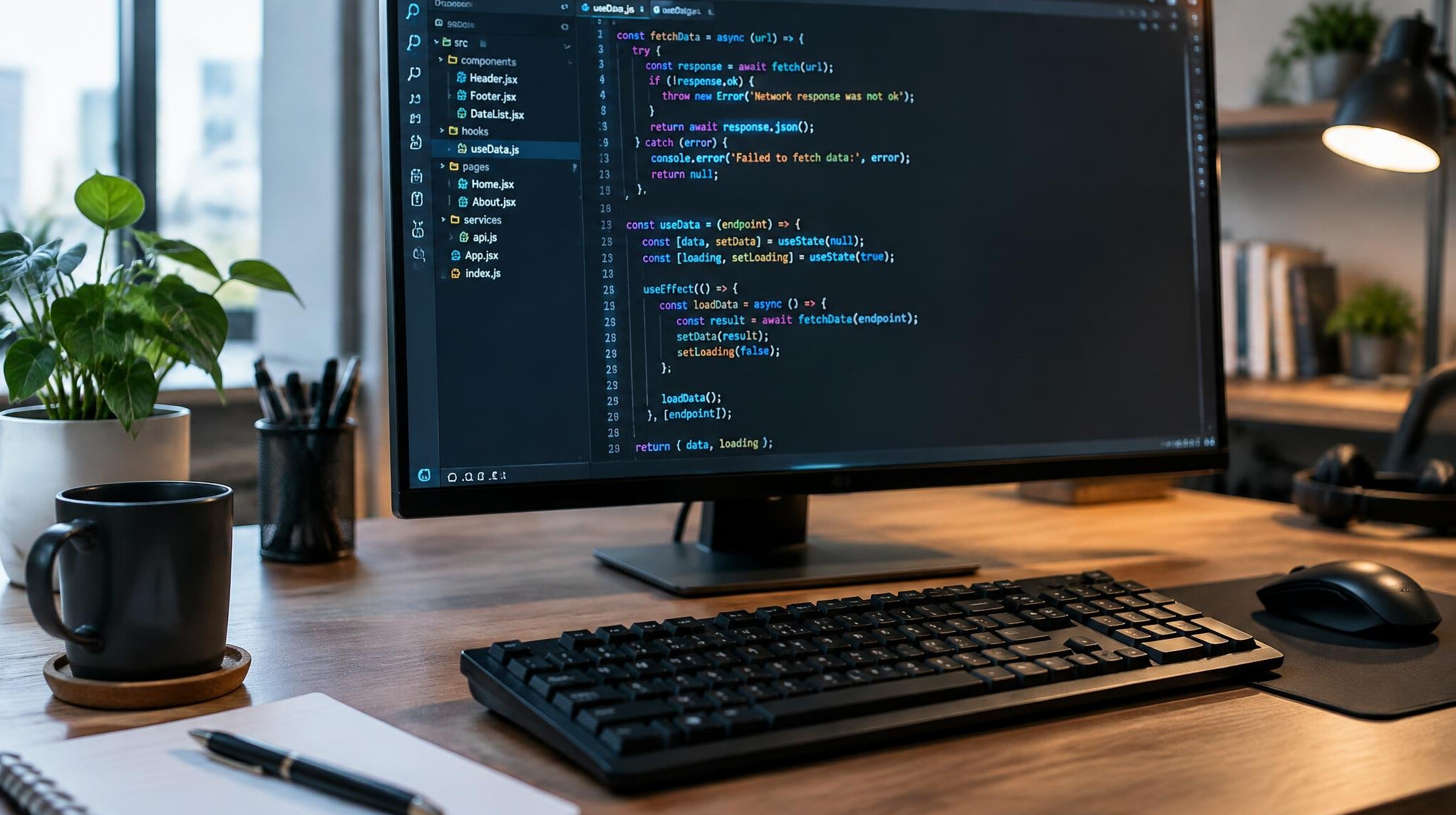 Developer writing code on a desktop computer monitor