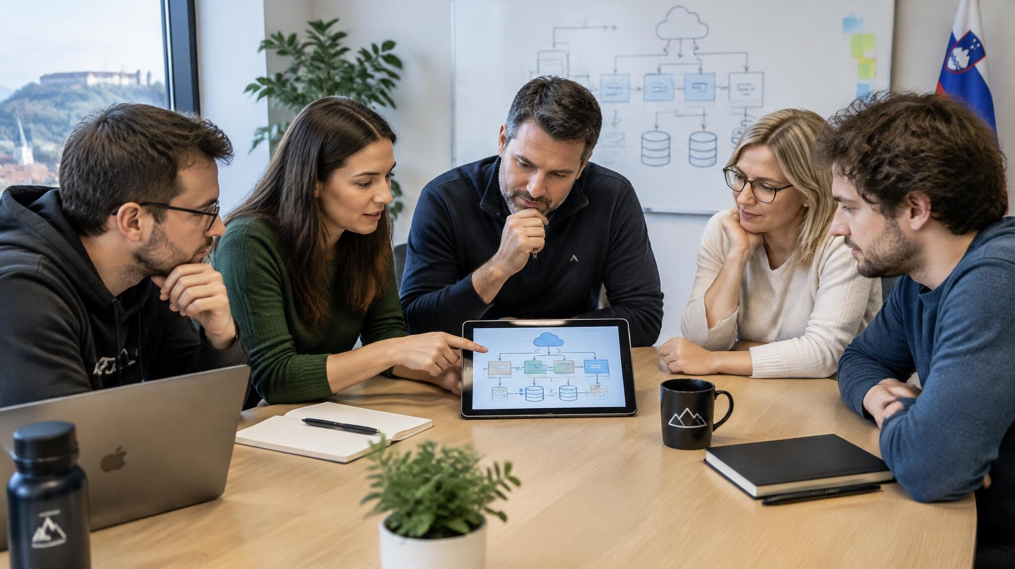Team of developers discussing software architecture around a table