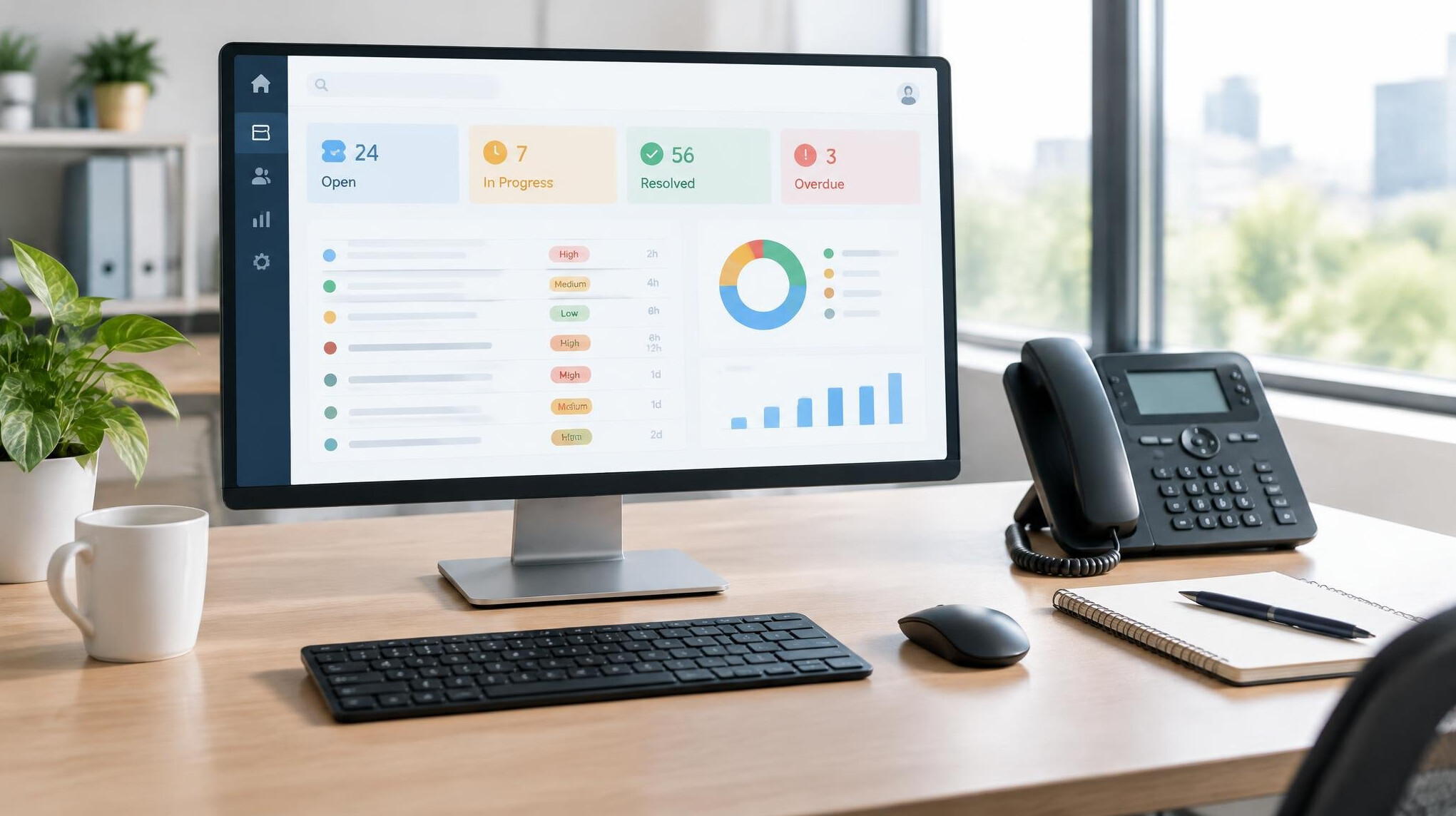 Desk with a monitor showing a support ticketing dashboard and a phone