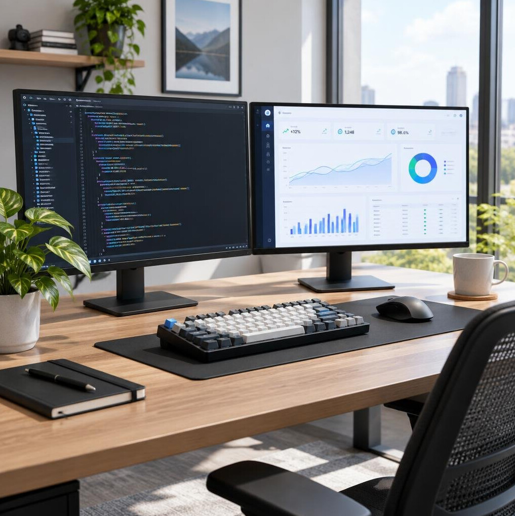 Office workspace with dual monitors showing programming code