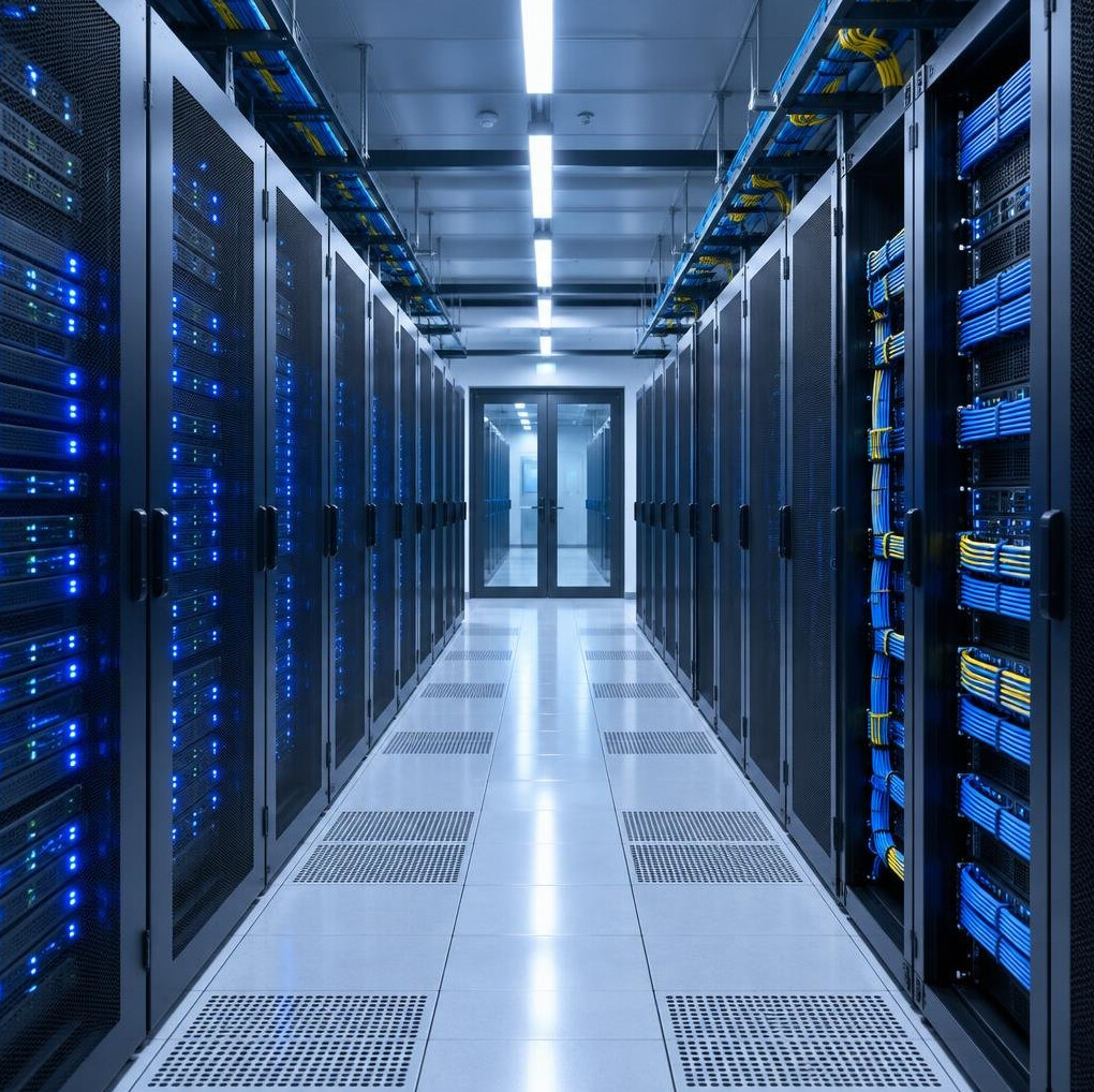 Server room with rows of data center racks
