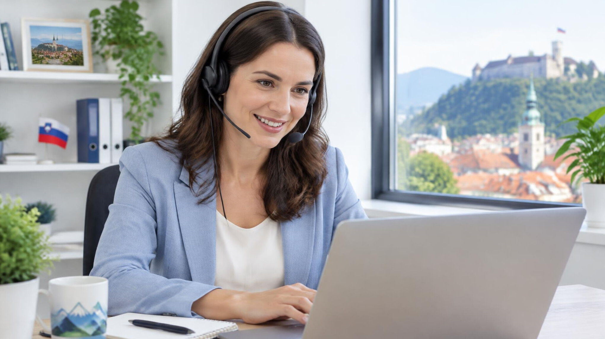 Friendly customer support representative wearing a headset at a desk
