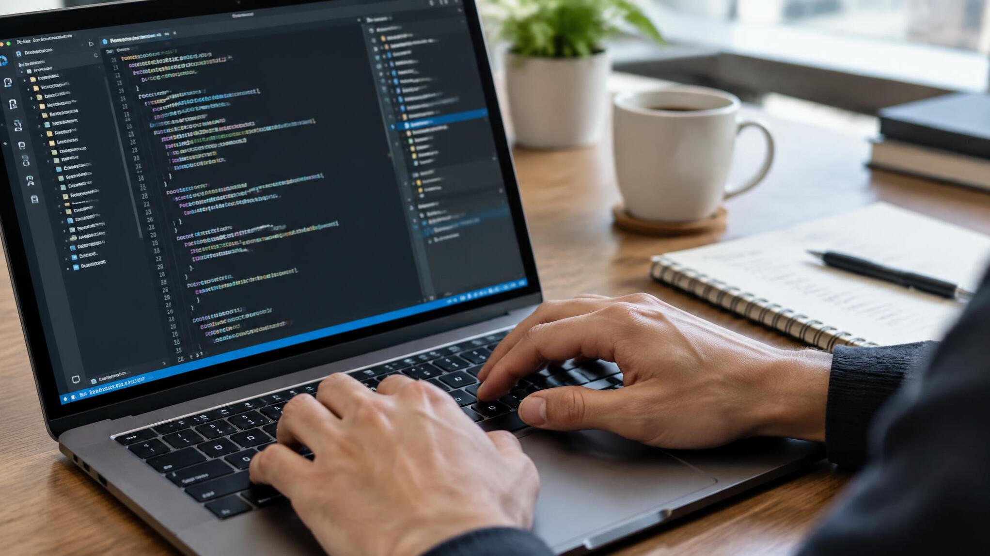Close-up of hands typing on a laptop showing software code