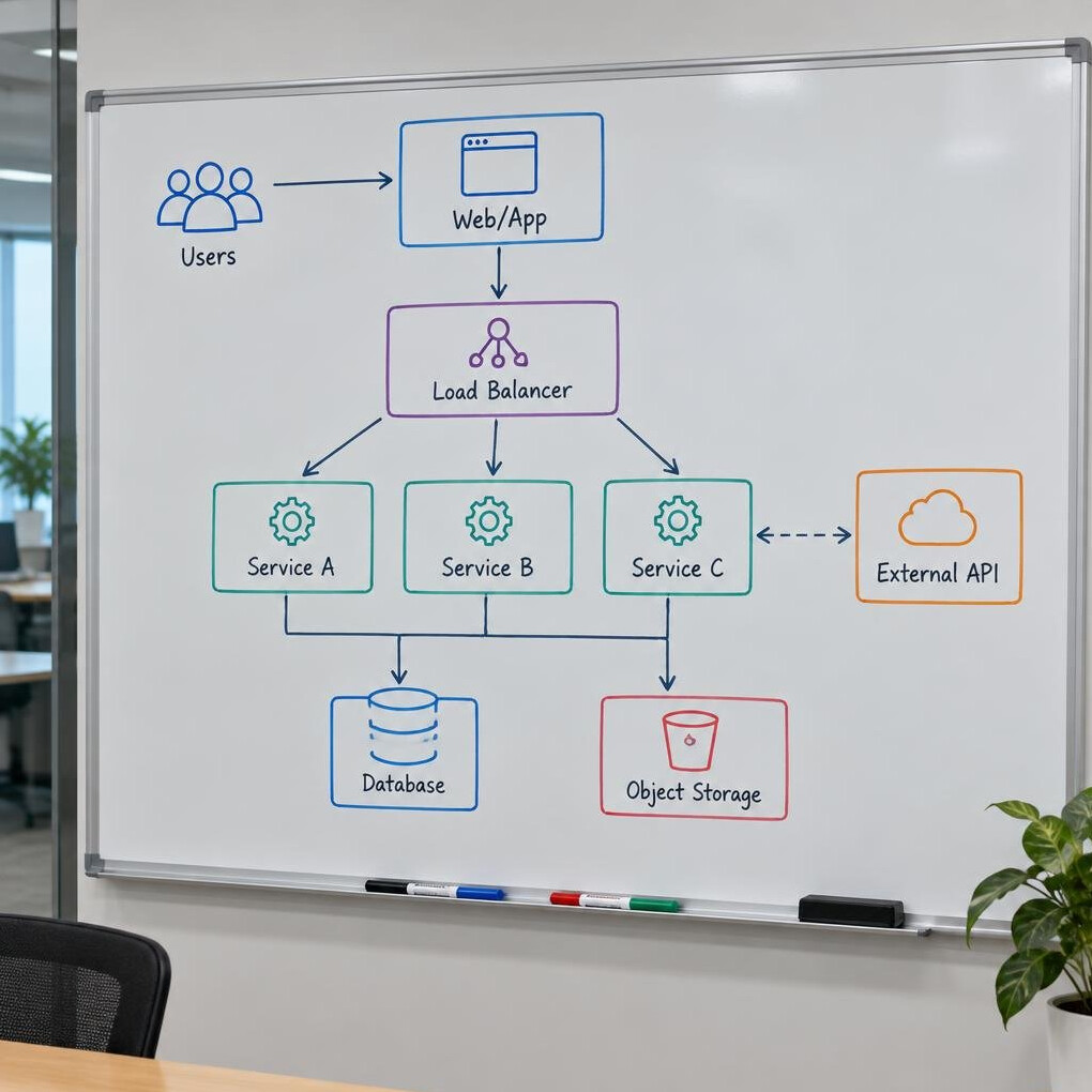 Whiteboard with a software architecture flowchart diagram